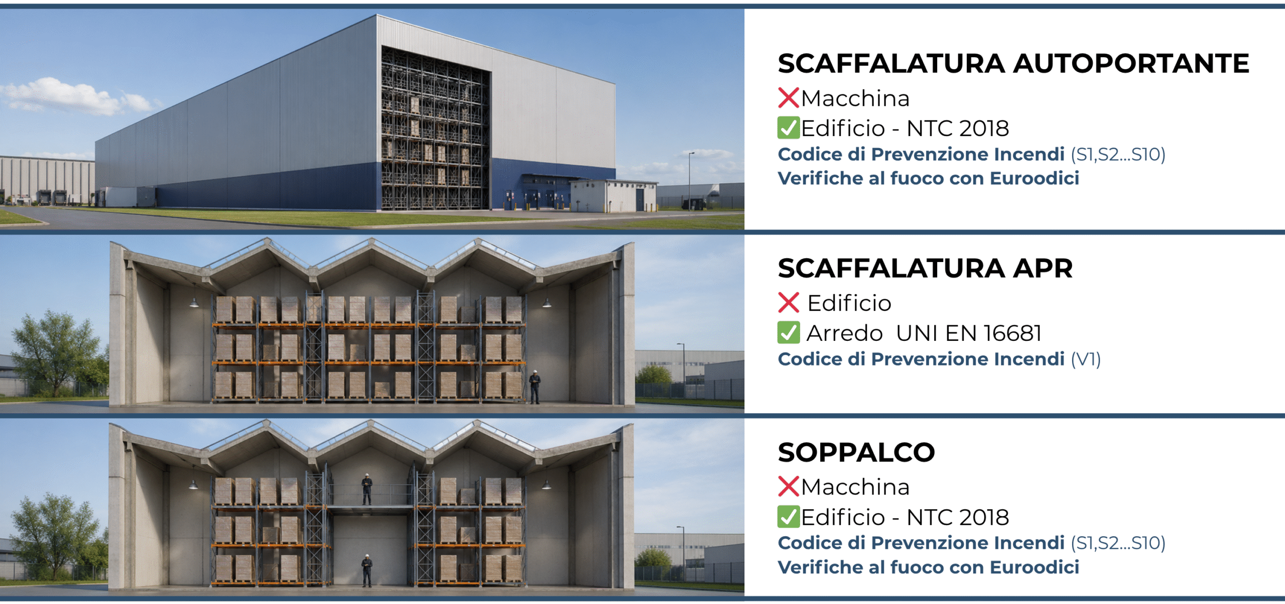 SCAFFALATURA AUTOPORTANTE
Edificio
NTC 2018

SCAFFALATURA APR
Adjustable pallet racking systems
Arredo
UNI EN 16681

SOPPALCO
Edificio
NTC 2018