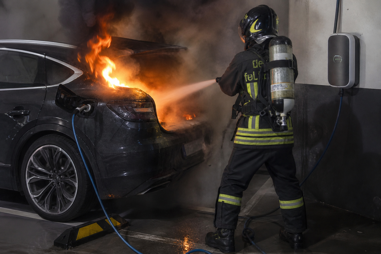 VVF che spegne auto elettrica in ricarica in garage